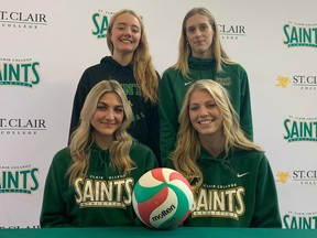 Four new local St. Clair Saints women's volleyball recruits feature, back from left, Afften Essenpreis and Harley Smith along with, front row from left, Faith Kailer and Arianna Karl.