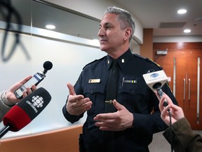 Windsor Police Chief Jason Bellaire speaks to reporters after the Windsor Police Services Board meeting on Thursday, April 20, 2023.