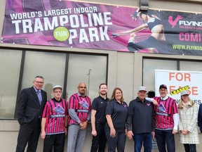 The Flying Squirrel indoor trampoline park is slated to open in September at 730 Richmond St. in Chatham. From left are Stuart McFadden, Chatham-Kent's director of economic development; Ron Male, Tatro Group designer; Chatham-Kent's chief administrative officer Michael Duben; Jarryd Poole, Tatro controller; Shannon Paiva, Chatham-Kent's supervisor of tourism development; Don Tetrault, Tatro president; Mayor Darrin Canniff; Chatham Coun. Alysson Storey; and Anthony Wilson, economic development officer. (Trevor Terfloth/The Daily News)