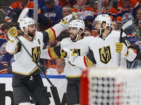 The Vegas Golden Knights celebrate a goal by forward Chandler Stephenson (20) against the Edmonton Oilers on Monday.