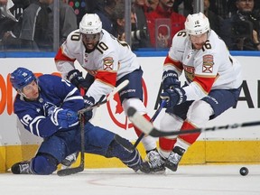 Anthony Duclair of the Florida Panthers battles against Mitchell Marner of the Toronto Maple Leafs during Game Two of the Second Round of the 2023 Stanley Cup Playoffs at Scotiabank Arena on May 4, 2023 in Toronto, Ontario, Canada.
