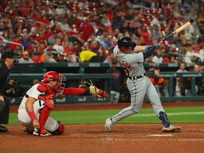 Spencer Torkelson #20 of the Detroit Tigers hits an RBI double against the St. Louis Cardinals in the seventh inning at Busch Stadium on May 5, 2023 in St Louis, Missouri.