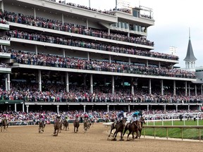 Javier Castellano heads first to the finish line in the 149th Kentucky Derby race at Churchill Downs.