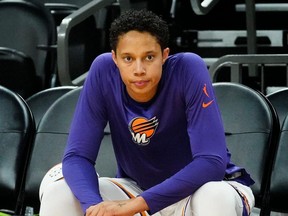 Mercury centre Brittney Griner attends warmups prior to a game against the Sparks.