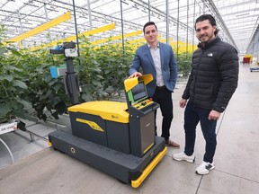 University of Windsor director of research partnerships Tom Schnekenburger, left, and Jem Farms owner Paul J Mastronardi are shown at the HORTECA agricultural research greenhouse in Ruthven on May 2, 2023, with a high-tech autonomous monitoring unit.