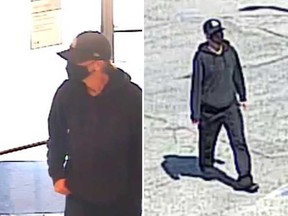 Surveillance camera images of the suspect in a robbery at the BMO location at Tecumseh Road East and Walker Road in Windsor on May 10, 2023.