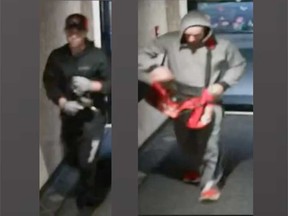 Surveillance camera images of two male suspects who broke into an apartment building on Garden Court Drive in Windsor on May 6, 2023.