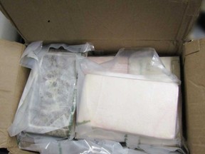 A close-up of some of the 60 bricks of cocaine seized by CBSA officers from a commercial truck at the Ambassador Bridge on April 17, 2023.