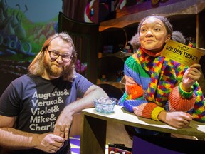 Director Matthew Dumouchel, left, and Evangeline Scott, as Charlie, are pictured Wednesday, May 3, 2023, as they prepare for Charlie and the Chocolate Factory, presented by the Windsor Light Music Theatre at the Chrysler Theatre.