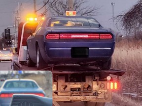 An image of a Dodge Challenger being impounded, shared by Windsor police after the car was clocked at 152 km/h in a 50 km/h zone in city limits on March 18, 2023.