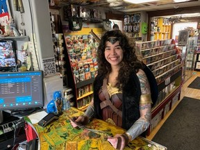 Wonder Woman Taylor Loewen is happy to participate in Free Comic Book Day at Rogues Gallery shop on Saturday, May 7, 2023. Photo: Dave Battagello