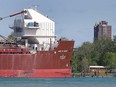 The bow of the freighter named the Mark W. Barker after it ran aground close to the south side of Belle Isle in the Detroit River on the morning of May 17, 2023.