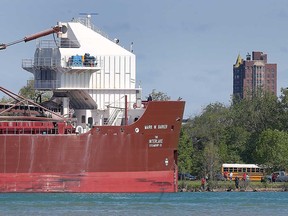 The bow of the freighter named the Mark W. Barker after it ran aground close to the south side of Belle Isle in the Detroit River on the morning of May 17, 2023.