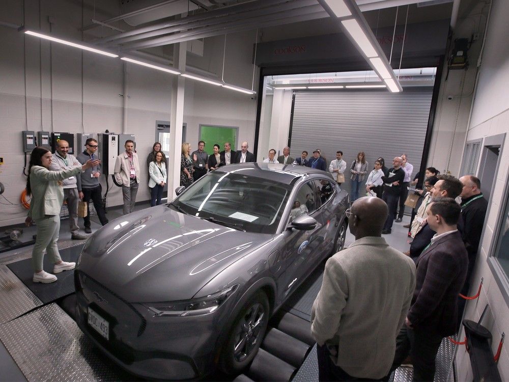 Attendees of the inaugural FuturECar Conference at the University of Windsor tour the CHARGE Labs on Friday, May 5, 2023.