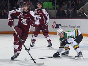 Windsor native and Peterborough Petes' defenceman  Konnor Smith (#6) heads up the ice during Sunday's 2-1 win over the London Knights that clinched the team's first OHL title in 17 years. KENNETH ANDERSEN/OHL Images