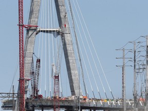 Stay cables now being installed. The Gordie Howe International Bridge construction project is shown on the Windsor side on Tuesday, May 9, 2023.