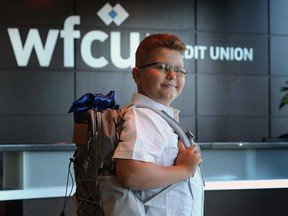Isaac Brogan, winner of the WFCU's 2023 Scripps Regional Spelling Bee, prepares to leave for the 95th annual Scripps National Spelling Bee in Maryland. Photographed at the Windsor Family Credit Union head offices on May 25, 2023.