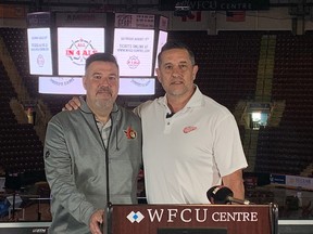 Former Windsor Spitfires' head coaches Bob Jones, left, and Bob Boughner formally announce the All in 4 ALS: Jonesy’s Game at the WFCU Centre on Wednesday. Windsor Star -  Jim Parker