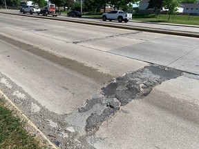 The surface of the southbound lanes of Lauzon Parkway south of Tecumseh Road East in Windsor, photographed May 31, 2023.