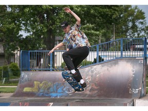 A skateboarder is shown at the Ryan Barron Memorial Skate Park in Windsor on Tuesday, May 16, 2023.