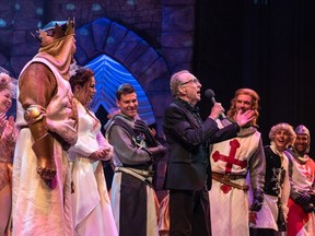 Comedy legend Eric Idle, the creator of Spamalot, joined the Stratford Festival cast on stage for the May 27, 2023 curtain call and a rendition of his song, Always Look on the Bright Side of Life. The Monty Python star had been in the audience for this preview performance of the hit musical. (Ann Baggley/ Stratford Festival)
