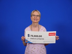 Twice lucky: Sarnia retiree Claire Garner, who shared a $250,000 instant lottery prize with her husband in 2017, recently won a $75,000 Instant Cashingo prize, Ontario Lottery and Gaming Corp. says. (Supplied)