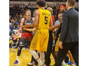 A minor dustup between Windsor Express forward Tanner Stuckman and series MVP Jermaine Haley Jr., of the London Lightning, led to the ejection of Stuckman during Game 5 on Friday.