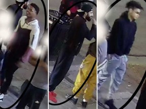 Images de caméras de surveillance de trois hommes suspects recherchés par la police relativement à une agression collective au centre-ville de Windsor aux premières heures du 27 mai 2023.