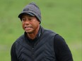 Tiger Woods of the United States reacts on the practice area prior to his third round of the 2023 Masters Tournament at Augusta National Golf Club on April 08.