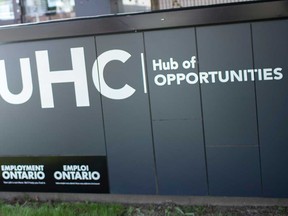 The sign at the UHC - Hub of Opportunities (previously called the Unemployed Help Centre) in Windsor in May 2021.