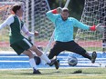 Ciaran O'Conner, of the Lajeunesse Royals, is denied by Westview Freedom Academy Falcons' goalkeeper Tyler Thompson during the WECSSAA senior boys' A soccer final.