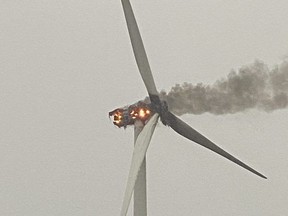 Fire crews from Station 10 Orford responded to 20275 Duart Rd. for a wind turbine fire Thursday at 7:15 p.m. Fire crews arrived on scene and secured the area, officials said. No injuries were reported. (Supplied)