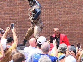 Hall of Fame pitcher Fergie Jenkins greets fans after his statue dedication ceremony outside the Chatham-Kent Civic Centre in Chatham Saturday. (Mark Malone/Chatham Daily News)