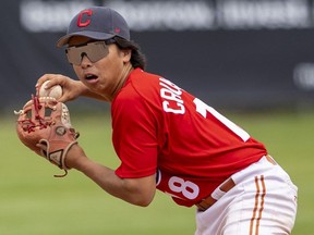 Mississauga Mount Carmel second baseman Ramsey Chung throws after a fielding error in the OFSAA AAA boys baseball gold-medal game at Labatt Park in London Wednesday June 14, 2023. Mount Carmel defeated LaSalle Villanova 4-1. (Mike Hensen/The London Free Press)