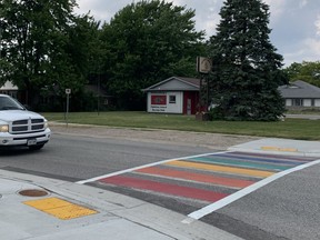 The Town of Amherstburg's first official rainbow crosswalk, located at Victoria Street South and Simcoe Street, photographed on June 13, 2023.