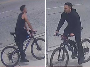 Surveillance camera images of a bicycle-riding male who Windsor police believe was responsible for an assault on an elderly man on June 13, 2023.