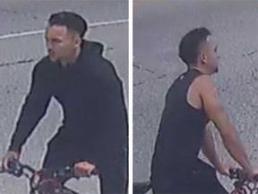Surveillance camera images of the bicycle-riding suspect in an attack on an elderly man in Windsor's east end on June 13, 2023.