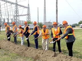 A ground-breaking ceremony took place Monday at the Hydro One Chatham Switching Station, to mark the start of construction on the 400 megawatt Chatham to Lakeshore Transmission Line project. Those participating include, from right to left, Energy Minister Todd Smith, Chatham-Kent-Leamington MPP Trevor Jones, Lakeshore Mayor Tracey Bailey, Chatham-Kent Mayor Darrin Canniff, Hydro One president David Lebeter, Ontario Federation of Agricluture general manager Cathy Lennon, Ontario Greehouse Vegetable Growers general manager Richard Lee and Walpole Island First Nation Chief Dan Miskokomon. (Ellwood Shreve/Chatham Daily News)