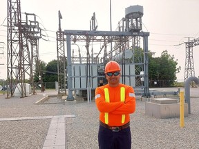 Sonny Karunakaran, Hydro One's director of project delivery, is seen here at the Wallaceburg Transformer Station, which will be upgraded to accommodate the new 230 kilovolt St. Clair Transmission Line. (Ellwood Shreve/Chatham Daily News)