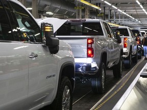 Chevrolet Silverados sit on the General Assembly line at the GM plant in Oshawa, Ont., in 2022.