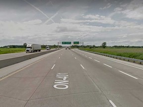 Westbound lanes of Highway 401 at Puce Road in Lakeshore are shown in this Google Maps image.