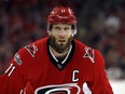 FILE - Carolina Hurricanes' Jordan Staal (11) waits for a face-off against the Florida Panthers during the second period of Game 2 of the NHL hockey Stanley Cup Eastern Conference finals in Raleigh, N.C., Saturday, May 20, 2023. Staal is staying with the Carolina Hurricanes after signing a four-year contract worth $11.6 million, announced by the team with their captain Sunday, June 25, 2023.