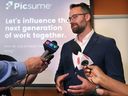 Jordan Goure, co-founder of Picsume, speaks to reporters at a press event on Thursday, June 22, 2023 at WEtech Alliance in Windsor.