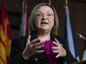 Unifor national president Lana Payne speaks during a news conference on Parliament Hill, in Ottawa, Monday, Nov. 14, 2022. Unifor says it's planning a union drive for Amazon workers in Metro Vancouver.