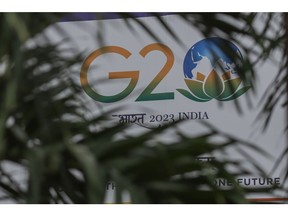 G20 logo at the venue for the G20 Finance Ministers, Central Bank Governors (FMCBG) and Finance and Central Bank Deputies (FCBD) meetings in Gandhinagar, India, on Saturday, July 15, 2023. India, the rotating head of the G-20 this year, was unable at the last finance meeting in April to secure either a joint statement or even a chair's statement of summary, underscoring deep divisions in a group that includes Russia.