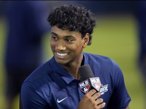 Draft prospect Arjun Nimmala participates in the MLB baseball draft combine, Tuesday, June 20, 2023, in Phoenix. The shortstop, the 11th-ranked prospect by MLB, fell to the Blue Jays with the 20th overall pick on Sunday night.