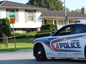 A London police cruiser is parked along Glenroy Road in the Pond Mills area on Friday July 21, 2023, hours after a man was shot dead by police. Dale Carruthers/The London Free Press