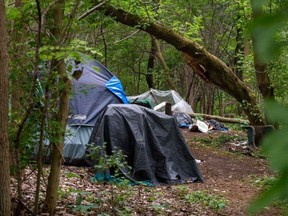 A homeless camp is shown at Cavendish Park in London. Photo taken on Tuesday June 27, 2023. (Derek Ruttan/London Free Press)