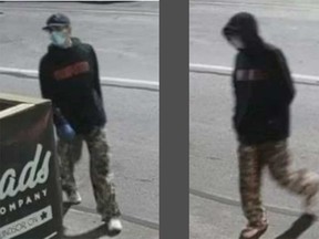 Surveillance camera images of a masked suspect involved in break-in crimes on Pelissier Street in Windsor. Images released by police on July 11, 2023.