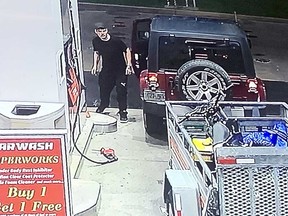 A surveillance camera image of a man who did not pay after filling up at a gas station on Front Road in LaSalle on July 20, 2023.